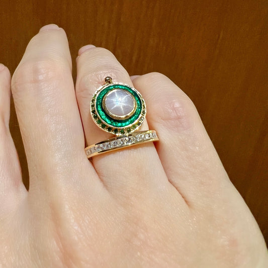Rise Ring - One-of-a-Kind 18K Gold Star Sapphire & Tsavorite Statement Ring