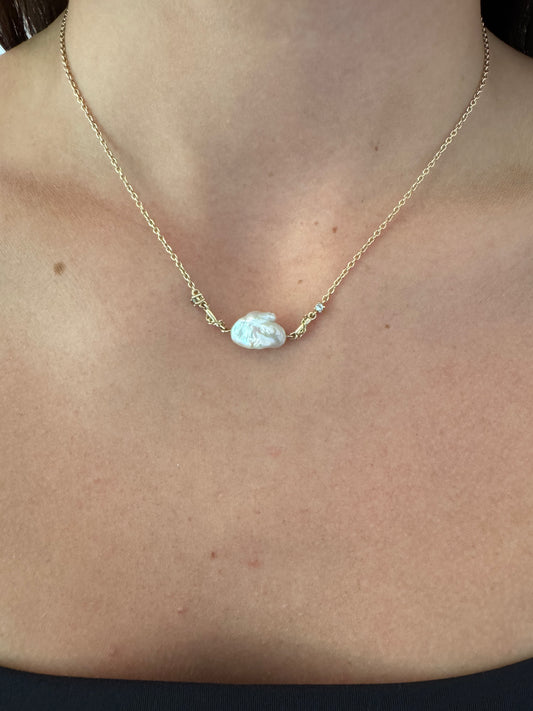 Dreamer Pearl Choker - 9K Gold Baroque Pearl & Aquamarine Necklace