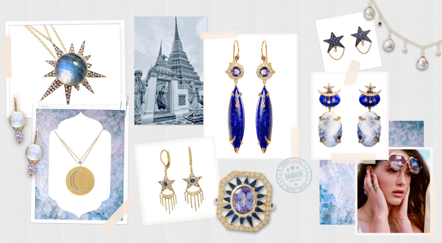 Unhada jewelry collage of 18 K gold jewelry, necklaces, earrings, rings, diamonds, tanzanite, lapis, sapphires, dendratic agate, crescent moon necklace, Star earrings, cocktail ring, statement rain, pearl fringe necklace, moonstone pendant necklace. Travel photos from Thailand. Fine jewelry, wearable magic