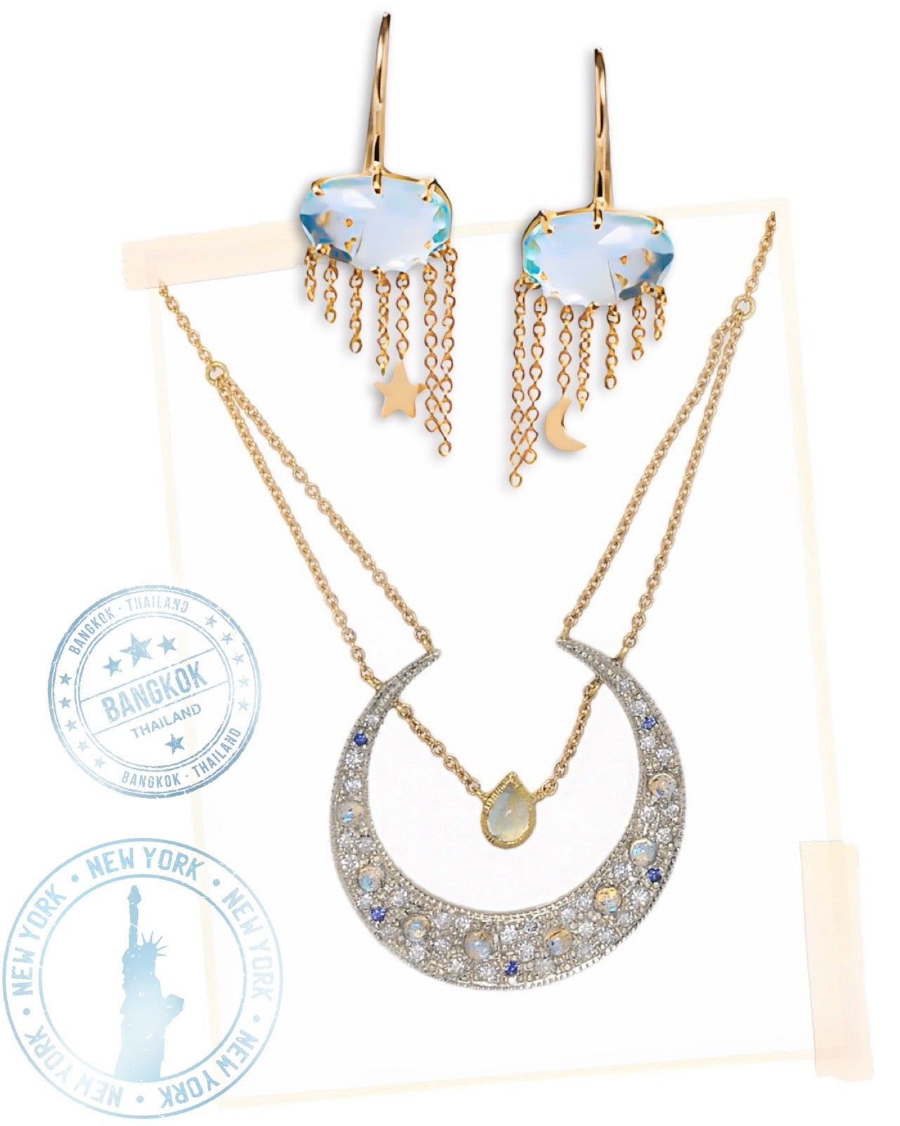 Unhada jewelry collage of 18K gold jewelry, necklaces, earrings. Gold and diamond necklace, Statement earrings, aquamarine nimbus cloud earrings, electic fine jewelry for the free spirited sophisticate, wearable magic,