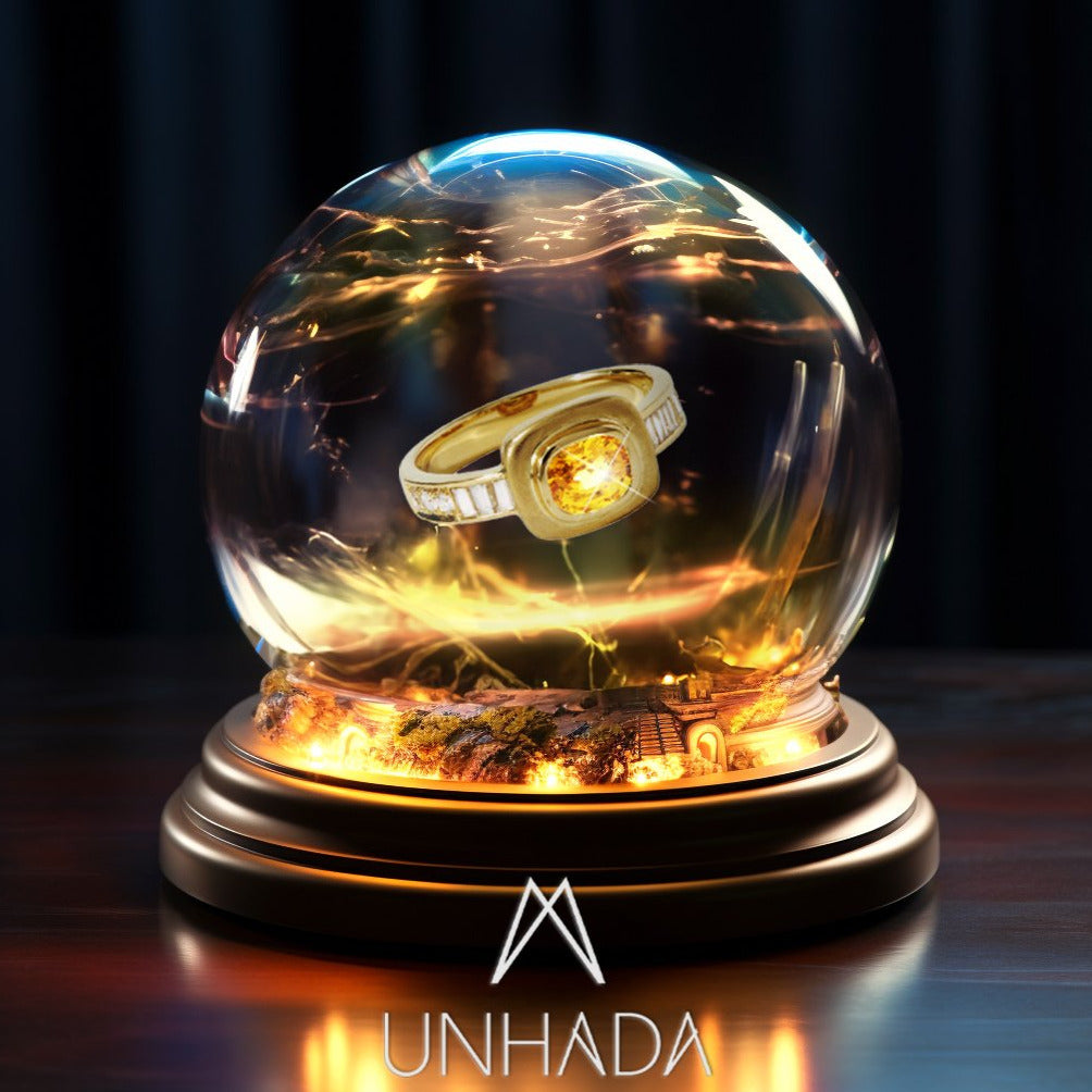 Yellow Sapphire Imperial Ring by Unhada - A ring worthy of an empress, this one-of-a-kind design blends elegance with a touch of mysticism. At its heart lies a vibrant yellow sapphire (.97 cts), framed by baguette and brilliant round diamonds (.62 cts) in a bold 18k gold setting. Perfect for commanding attention or adding a hint of magic to your everyday, this exceptional piece is a true treasure. Size 6.5.