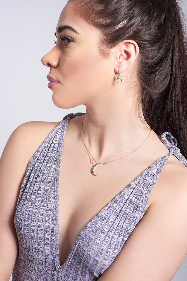 Diamond Xiao Earrings - Oxidized Silver & 18K Gold Celestial Earrings