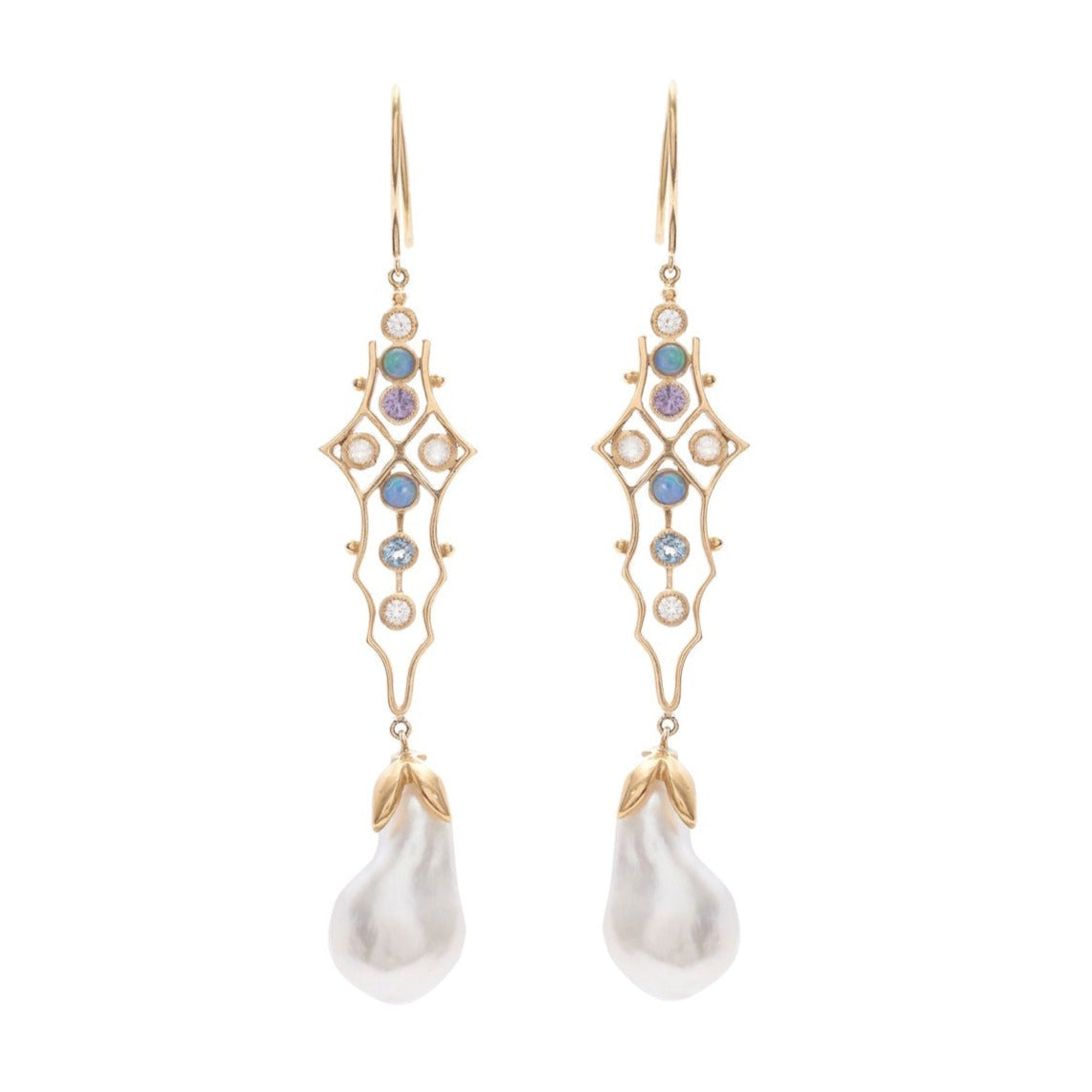 Baroque Magic Earrings by Unhada - These earrings are pure enchantment with their stunning South Sea baroque pearls, opals, alexandrite, faceted moonstones, color-changing garnets, and diamond accents (.16cts). Crafted in 18k gold, these are truly one-of-a-kind.