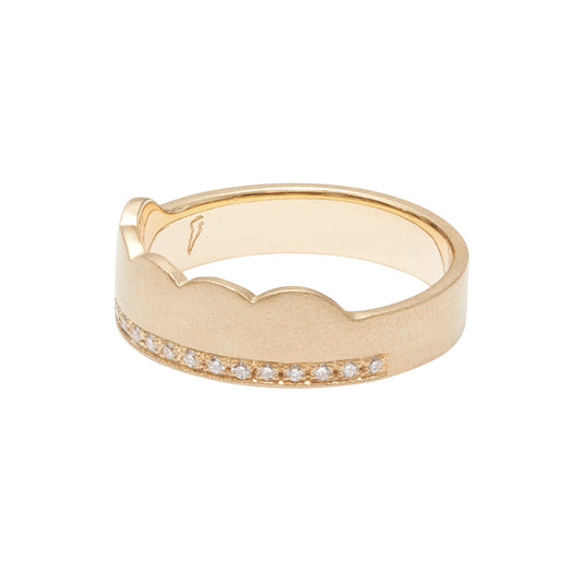 Jocelyne Ring by Unhada - With its minimalist design and thoughtful details, this 18k yellow gold band offers understated elegance. One side sparkles with a line of pavé diamonds (.09 cts), while the other features delicate scalloped edging. Perfect as a modern wedding band or a striking addition to a ring stack. Size 7.25.