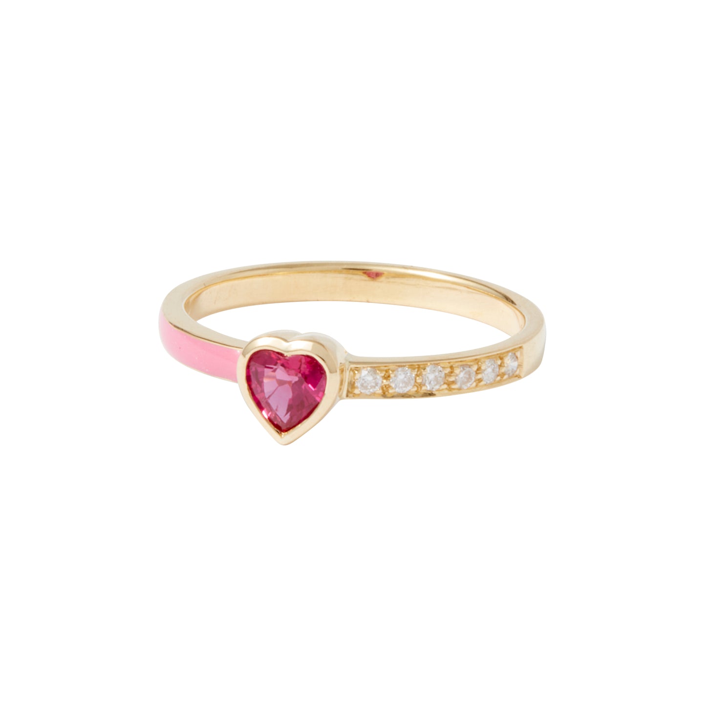 From Unhada's Tea Party collection, this charming band features pale pink enamel and diamonds (.06 cts) combined with an eye-catching heart-shaped ruby center (.40 cts), all crafted in 18k gold. Size 7.