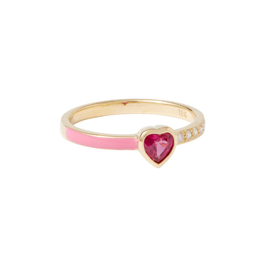 From Unhada's Tea Party collection, this charming band features pale pink enamel and diamonds (.06 cts) combined with an eye-catching heart-shaped ruby center (.40 cts), all crafted in 18k gold. Size 7.