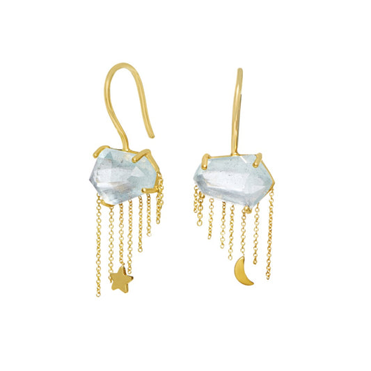 Modern Sky Aquamarine Nimbus Earrings by Unhada. These charming Modern Sky Nimbus Earrings feature one-of-a-kind geometric cut aquamarines accented with 18k yellow gold chain fringe, adorned with a moon and star. And for a touch of whimsy, a pink sapphire detail is playfully hidden on the back. The ear wires provide all-day comfort and effortless wear.