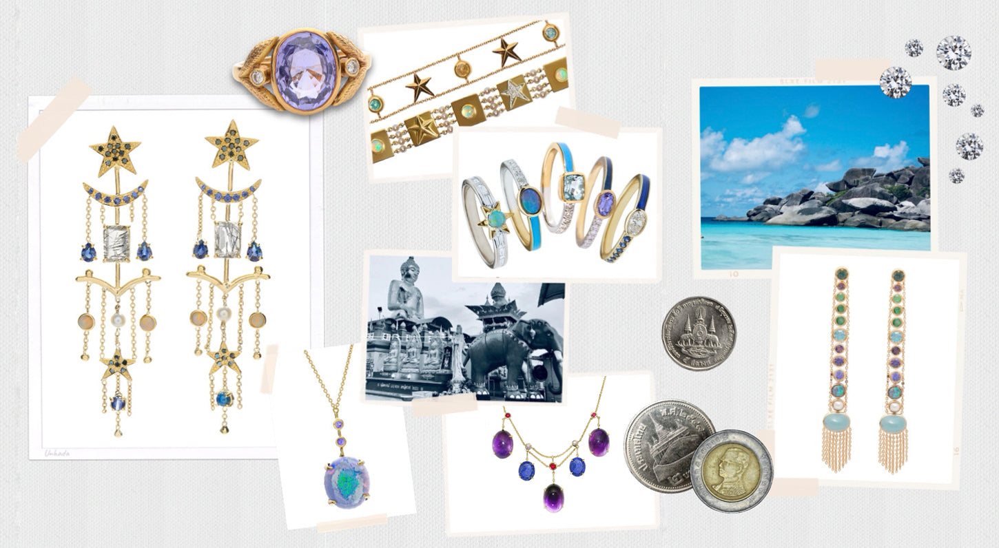 Unhada jewelry collage of 18 K gold jewelry, necklaces, earrings, rings, diamonds, tanzanite, lapis, sapphires, dendratic agate, crescent moon necklace, Star earrings, cocktail ring, statement rain, lapis and amethyst fringe necklace, opal pendant necklace. Gold, diamonds, pearl star bracelet. Purple sapphire rin. Statement earrings, tea party stacking rings, enamel stacking rings, Travel photos from Thailand. electic fine jewelry for the free spirited sophisticate, wearable magic,