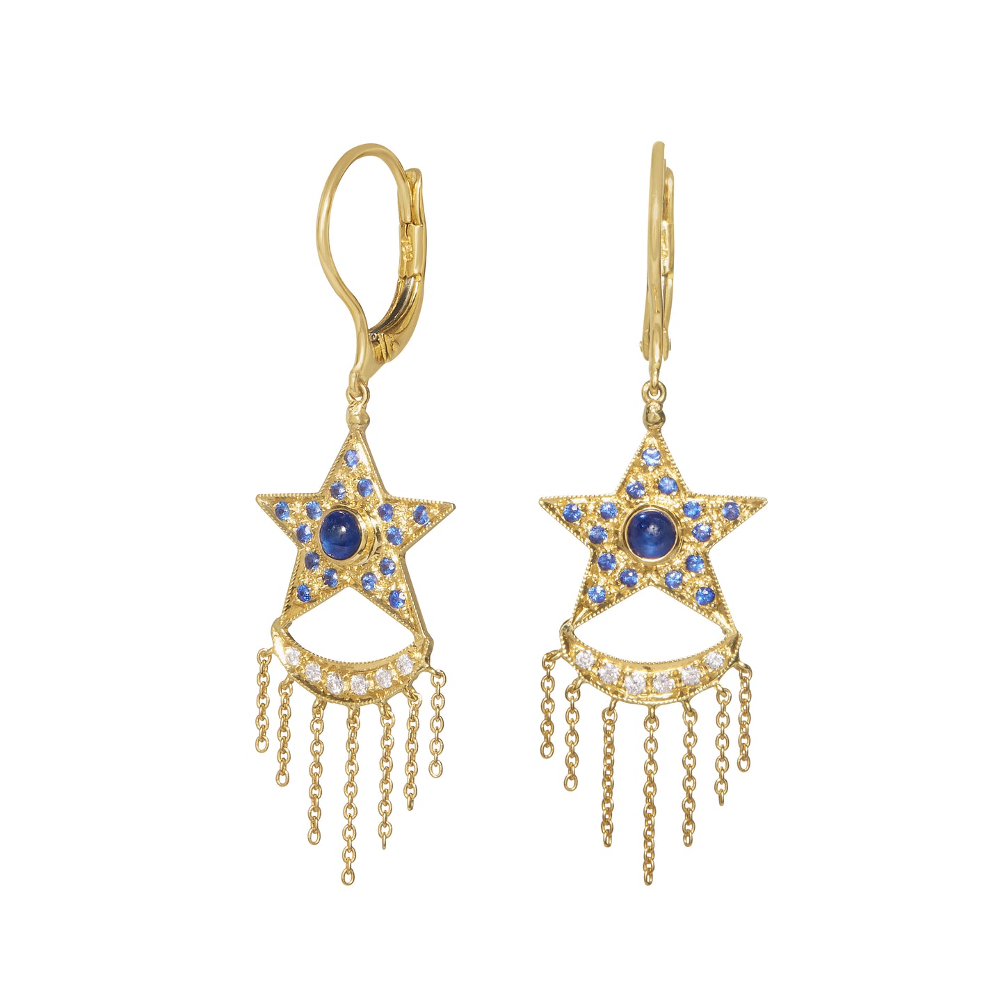 Sapphire Xiao Earrings by Unhada - These earrings channel the magic of twilight with their celestial glow. Crafted in 18k yellow gold, twinkling pavé blue sapphires form shimmering stars, each centered by a rich cabochon sapphire. Below, an 18k gold crescent moon sparkles with pavé diamonds, framed by cascading chains that move with subtle grace. Finished with 18k gold ear wires, this enchanting design captures the wonder of the night sky in every detail.