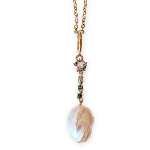 Elysian Charm / Pendant - 9K Gold Pink Amethyst & Blue Topaz Pearl