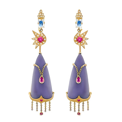 Cixi Earrings by Unhada - A tribute to the grandeur of the Qin Dynasty and the legendary Empress Cixi, these one-of-a-kind earrings embody regal sophistication. Handcrafted in 18k gold, they feature exquisite lavender jade complemented by pink sapphires (.32 cts), pink spinel (.77 cts), faceted moonstones, and shimmering diamonds (.24 cts). A harmonious blend of elegance and historical inspiration, these earrings are a true statement of power and beauty.