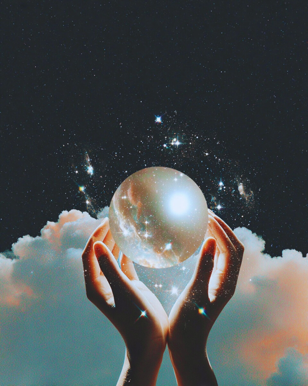 Hands holding a luminous pearl with a starry night sky and clouds in the background