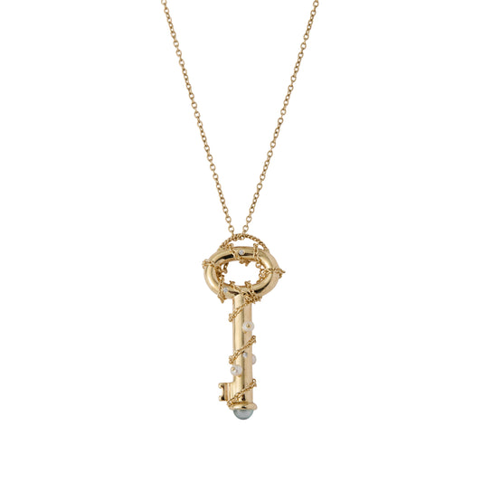 Nirvana Pendant Necklace - 9K Gold Diamond & Aquamarine Pearl Necklace