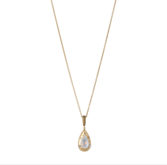 Oracle Pendant Necklace - 9K Gold Blue Moonstone & Diamond Pearl Necklace