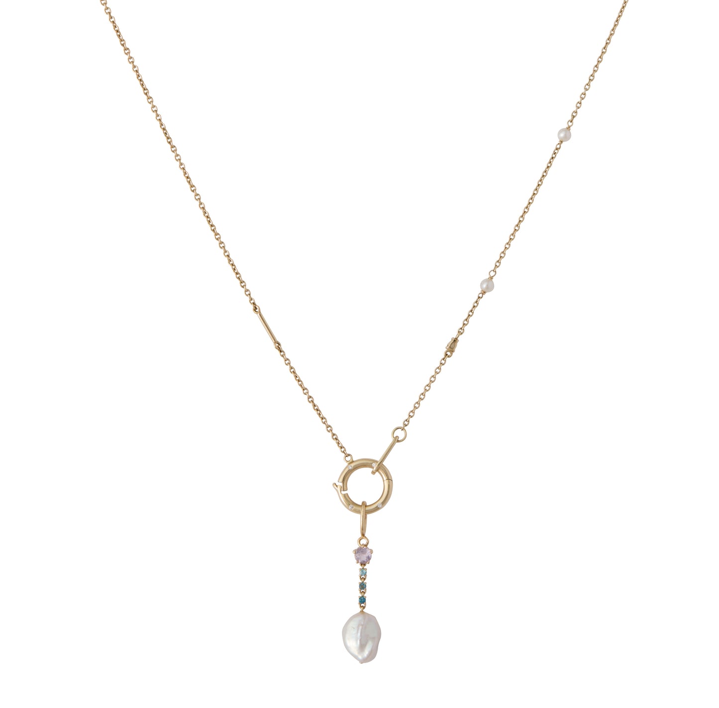 Elysian Charm / Pendant - 9K Gold Pink Amethyst & Blue Topaz Pearl