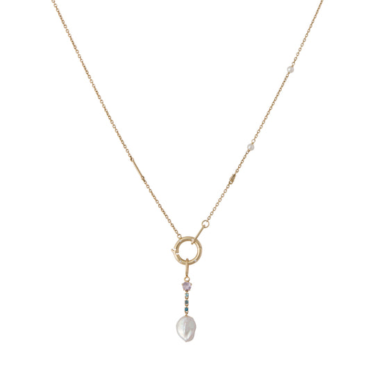 Elysian Charm / Pendant - 9K Gold Pink Amethyst & Blue Topaz Pearl