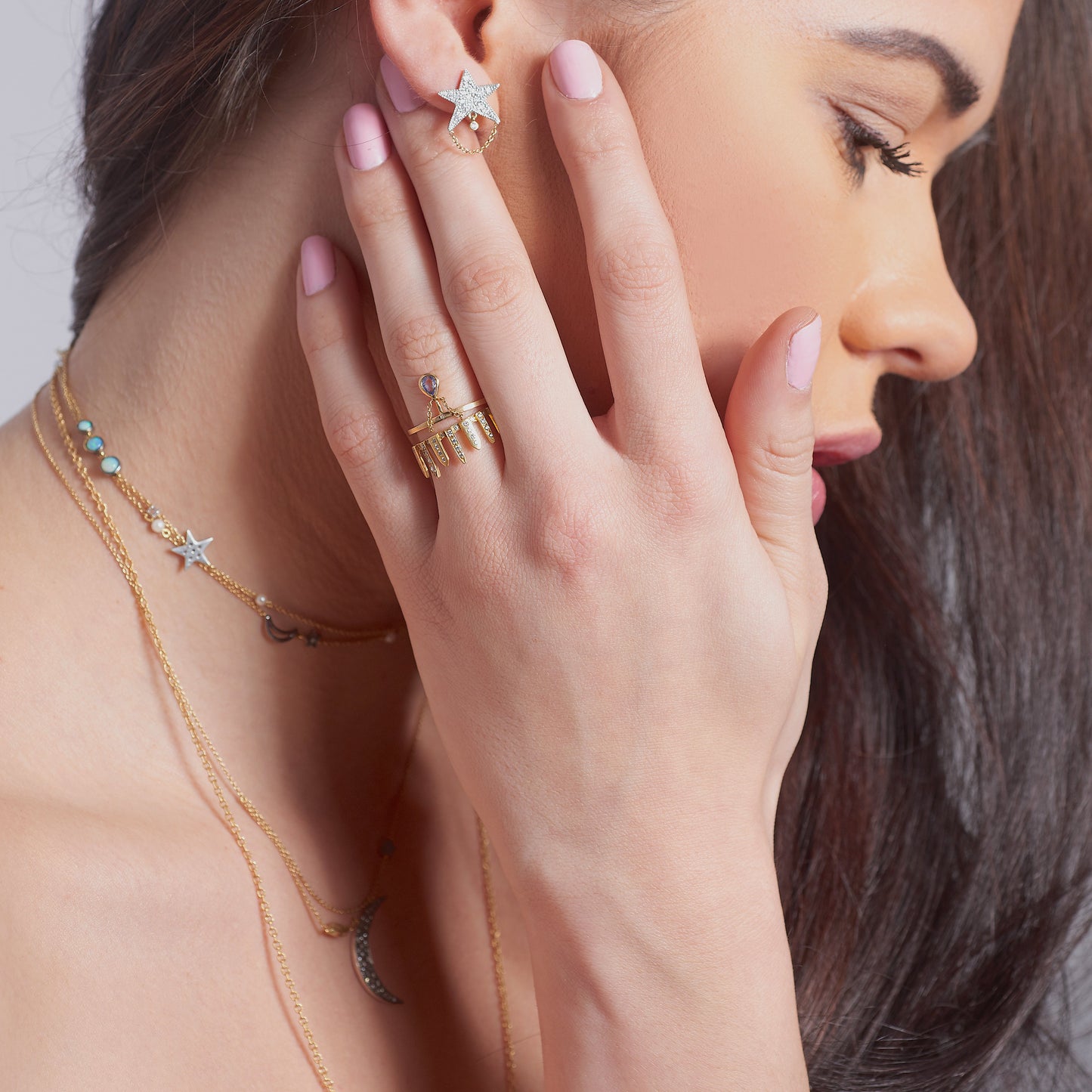 Oxidized Silver Star Stud Earrings - White Diamond Studs