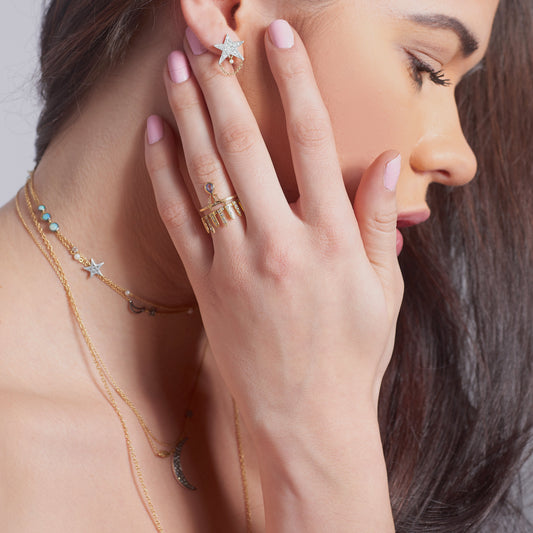Oxidized Silver Star Stud Earrings - White Diamond Studs