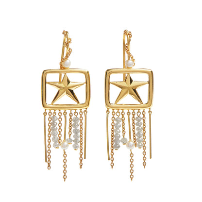 Capture Collection Siam Temple Star Earrings - 18K Gold Pearl & Diamond Chandelier Earrings